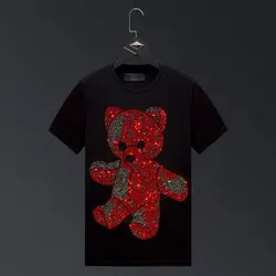 2024 Summer T Shirts Women Clothing Cartoon Bear Rhinestones Fashion Streetwear O Neck Slim Ladies Tshirt Short Sleeve Femme