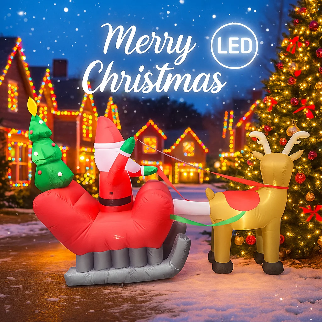 Trineo inflable gigante de Papá Noel de 7,87 pies, juguete de Reno con luces LED, decoración de patio de Navidad, suministros para fiesta en casa, adornos