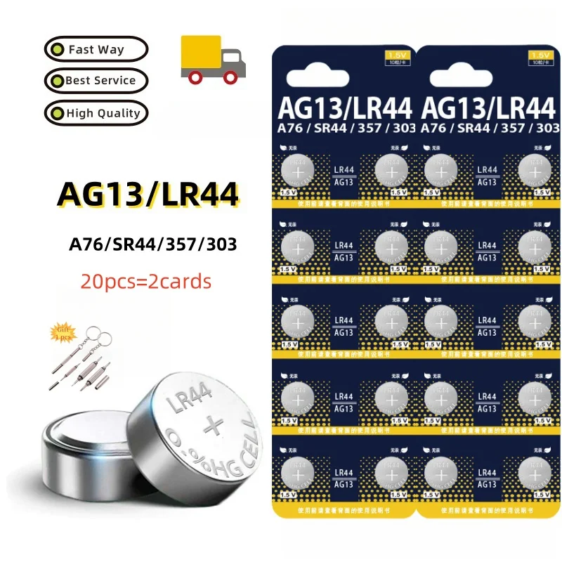 20PCS LR44 AG13 Button Cell Battery 1.5V 357 SR44 LR1154 Button Coin SR1154 SP76 Batteries for Watch Toys Remote