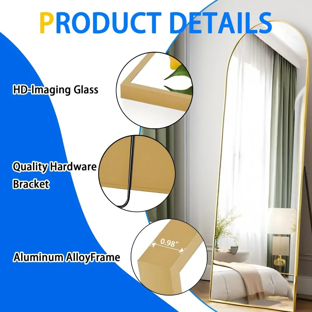 Espejo arqueado hasta el suelo con soporte, espejo de cuerpo completo para dormitorio, sala de estar o armario, mejora la decoración interior