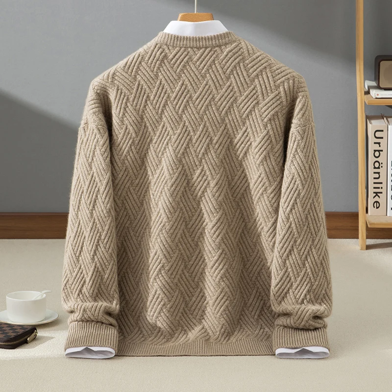 High quality 100% cashmere men's pullover knitted sweater Pull luxury Jumper round Neck thick Tops trendy men's streetwear