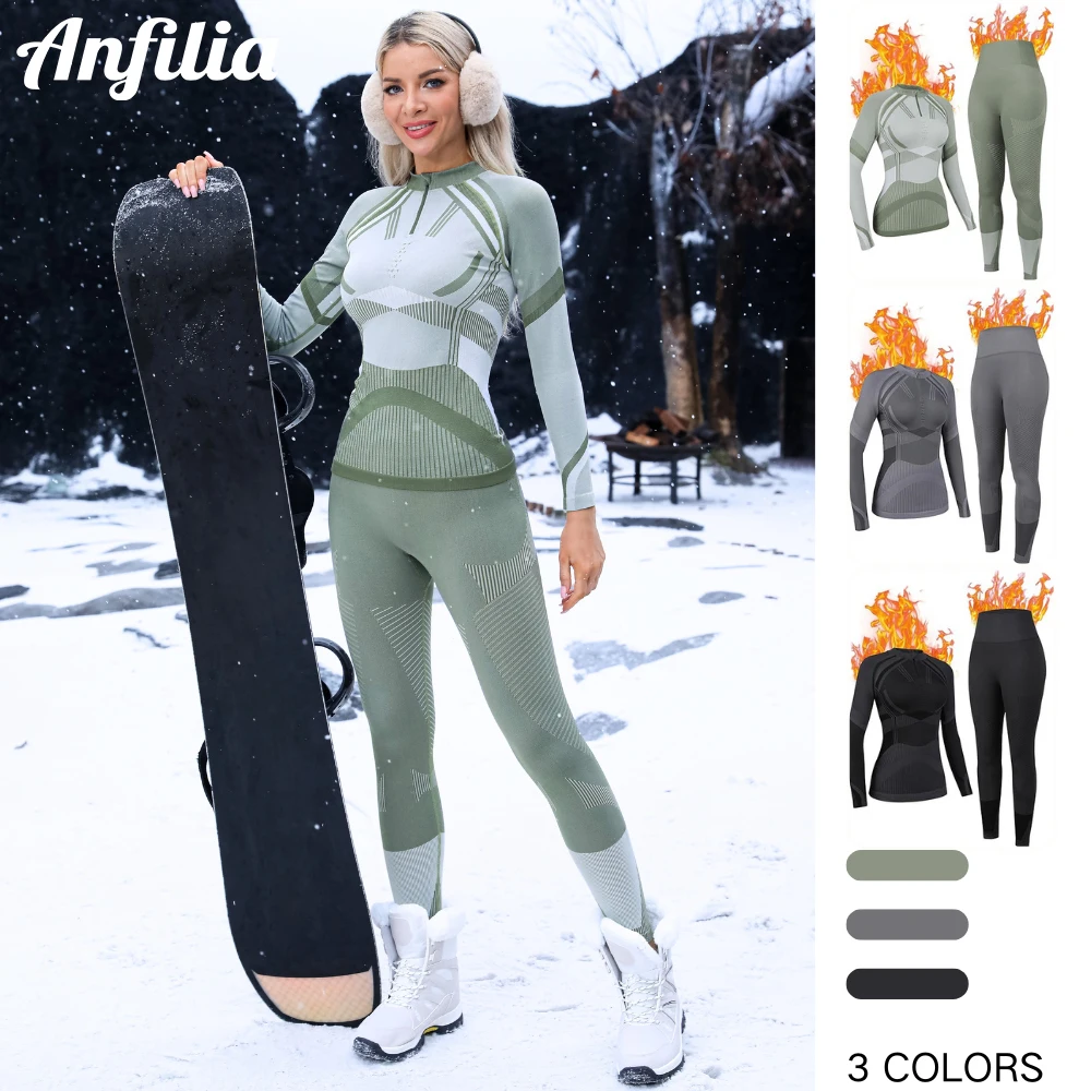 

Anfilia Women Ski Thermal Underwear Sets Moisture-wicking Tight Zipper Crew Neck Seamless knitted Base Layer Long Johns For Home