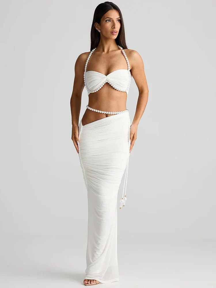 Pearl Sexy Two Piece Set Women Elegant Halter Strapless Crop Tops And Maxi Skirt Sets Ruched Club Party Dress Set