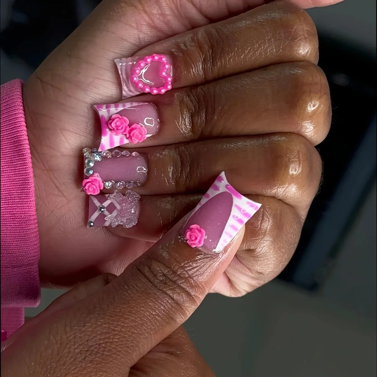 24 Stück Flash Diamond Falsche Nägel Rosa Zebramuster Französischer Stil Press On Nails Sternkette Dekor Y2k Valentinstag Fake Nail – Detail 7