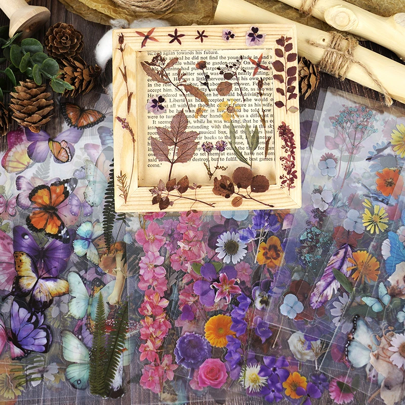 24 Sheets PET Transparent Plant Flower Stickers Waterproof Transparent Flower Material Decorative Guitar Notebook Stickers Toys