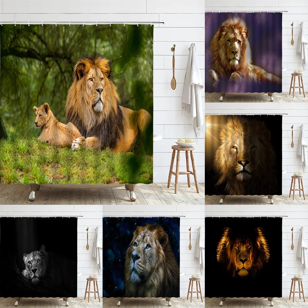 

African Lion Shower Curtain Tropical Forest Wild Animals Jungle Safari Mens Boys Polyester Fabric Bathroom Decor Curtains Screen