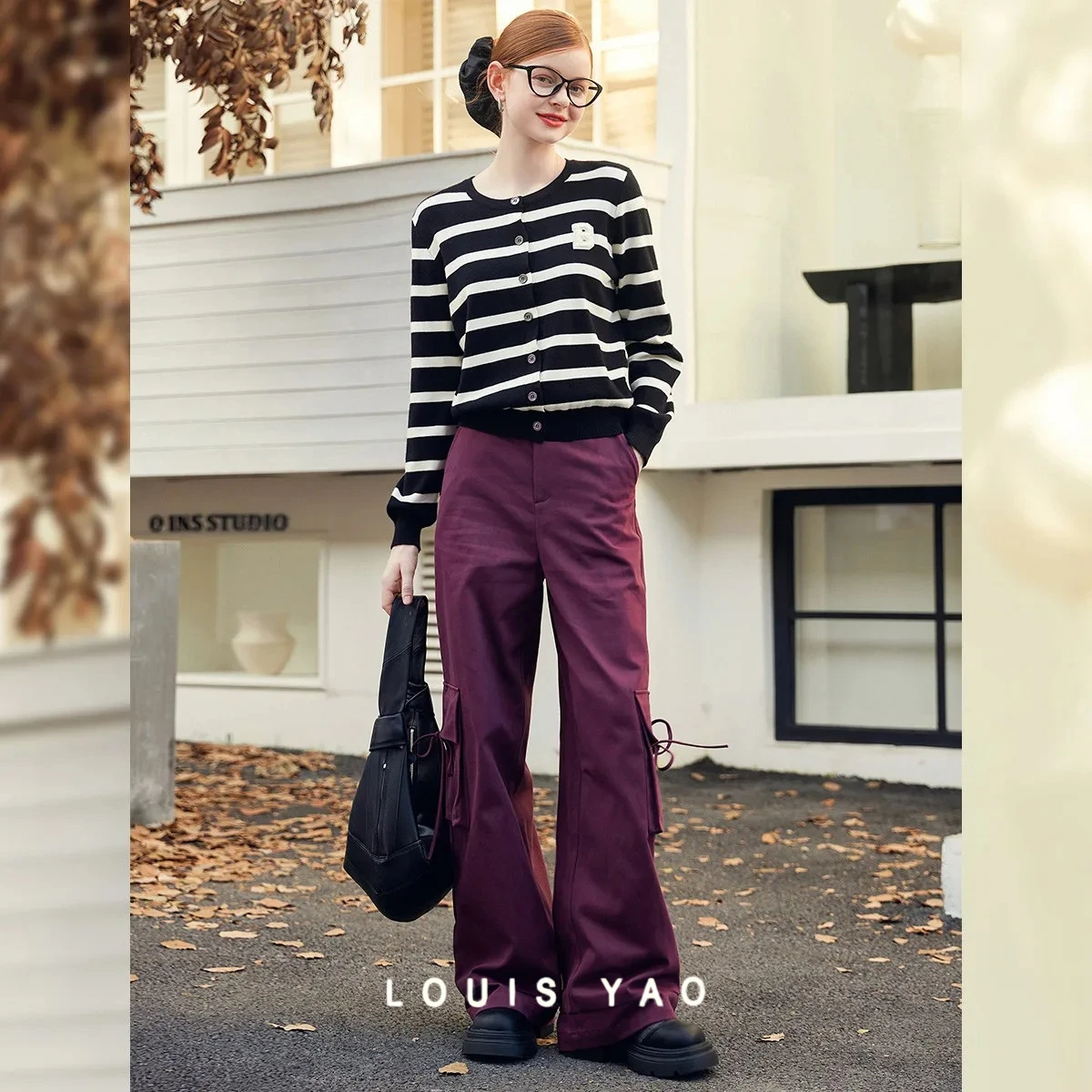 

LOUIS YAO Striped Women's Knitwear 2025 Spring Autumn Casual Women's Knitted Sweater Round Neck Letter Cardigan Top