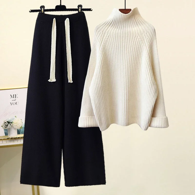 

Women High Collar Long Sleeve Knitwears Pullover Sweater Tops Suit Korean Knit 2 Piece Sets High Waist Pants Outfits
