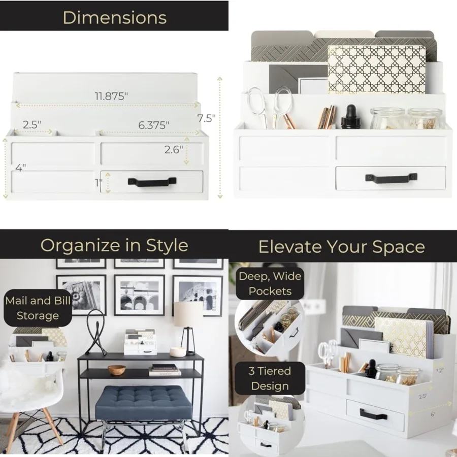 

Desktop Organizer with Drawer Storage Tabletop Organizer with Drawers for Paper Bills Mail Wooden Mail Organizer for Countertop
