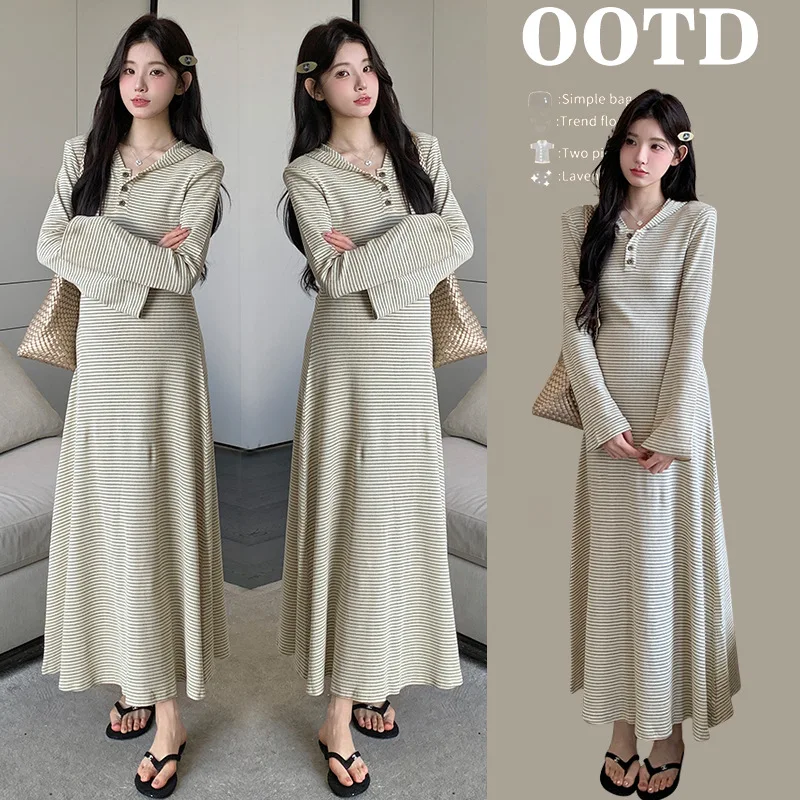Maternity Dress 2025 Autumn New Arrival French Style Minimalist Elegant Soft Comfortable Striped Flare Sleeve A Line Dress