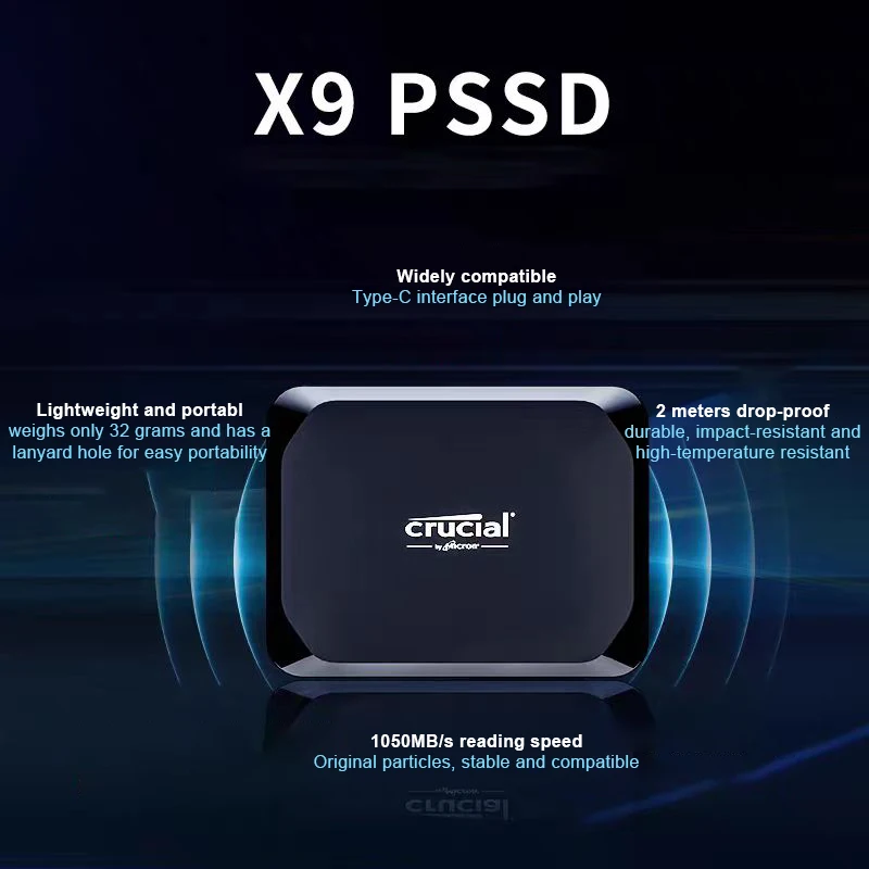 SSD portatile Crucial X9 Leggi fino a 1050 MB/s 1TB 2TB 4TB Unità a stato solido esterna USB 3.2 Leggero piccolo con 3 per PC Mac