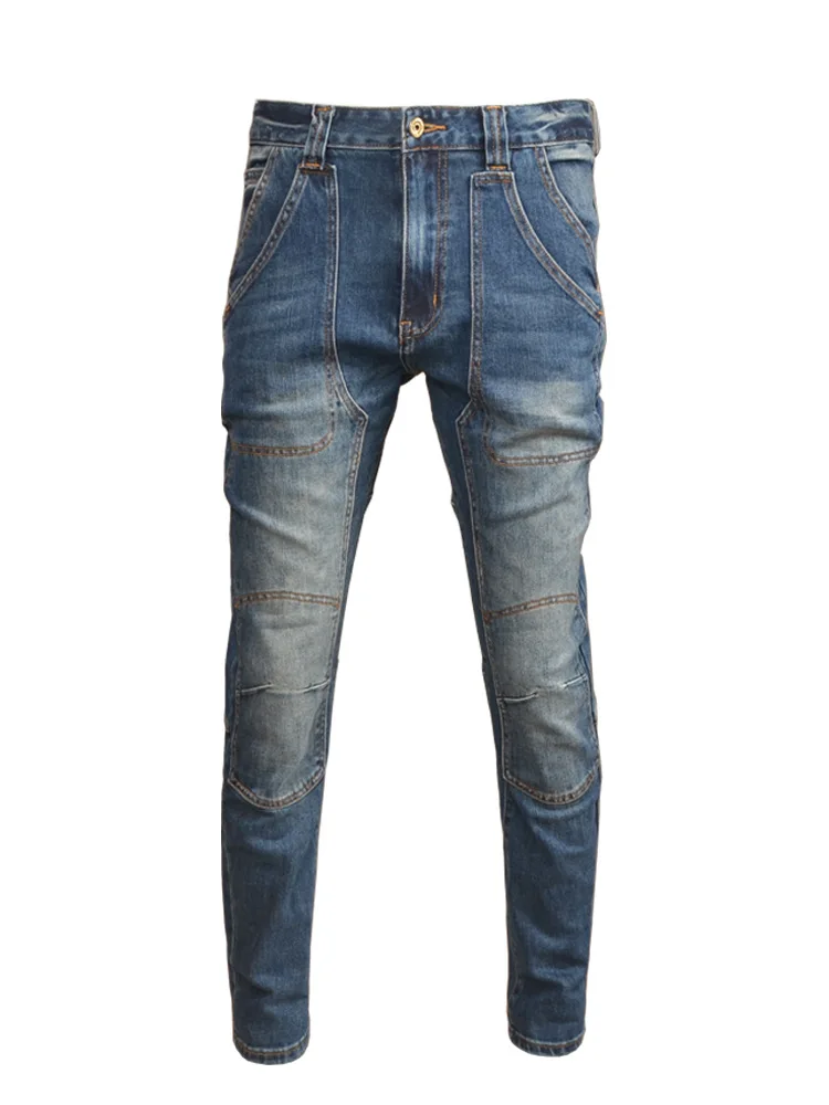Stitching Motorcycle Jeans Men's Stretch Slim Fit Skinny High Street American Ruan Handsome Washed Retro Men's Pants