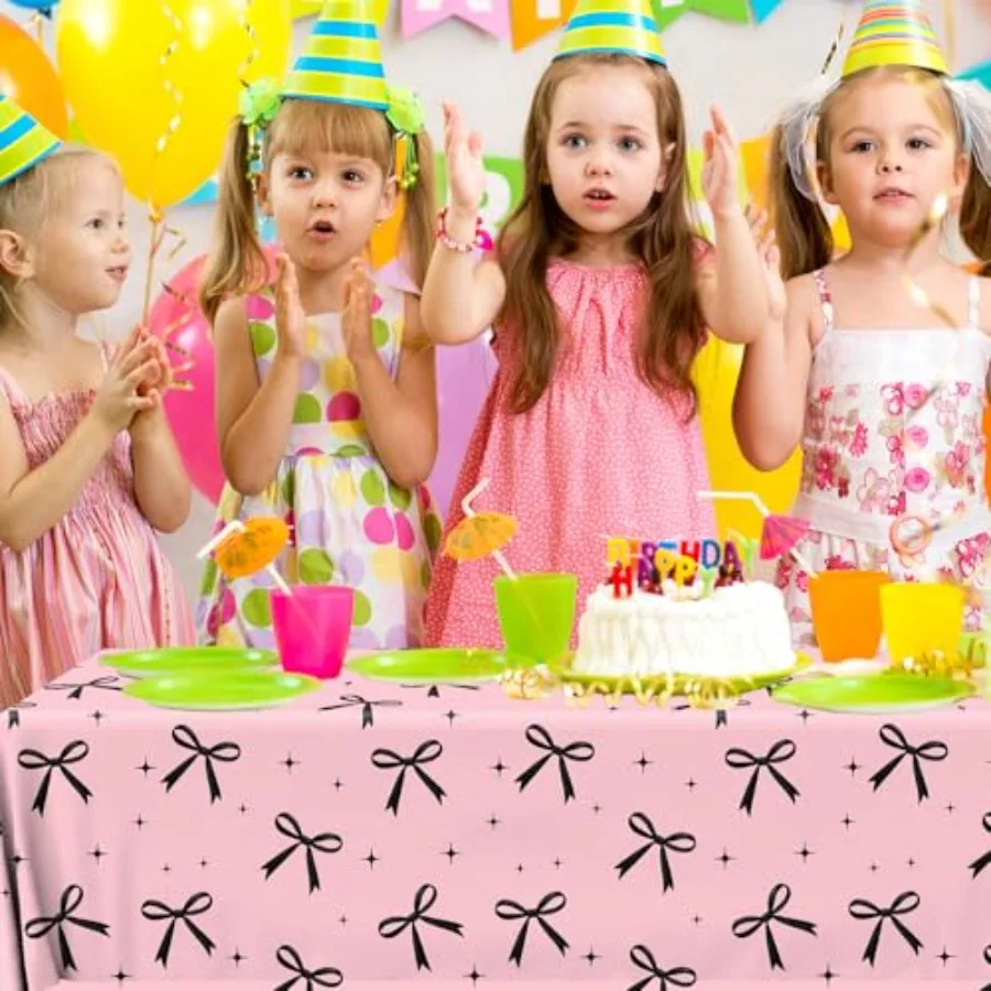 Nappe à nœud rose, 3 pièces, décor de Table à nœud noir, Coquette, décorations d'anniversaire, fournitures de fête imperméables jetables noires pour filles