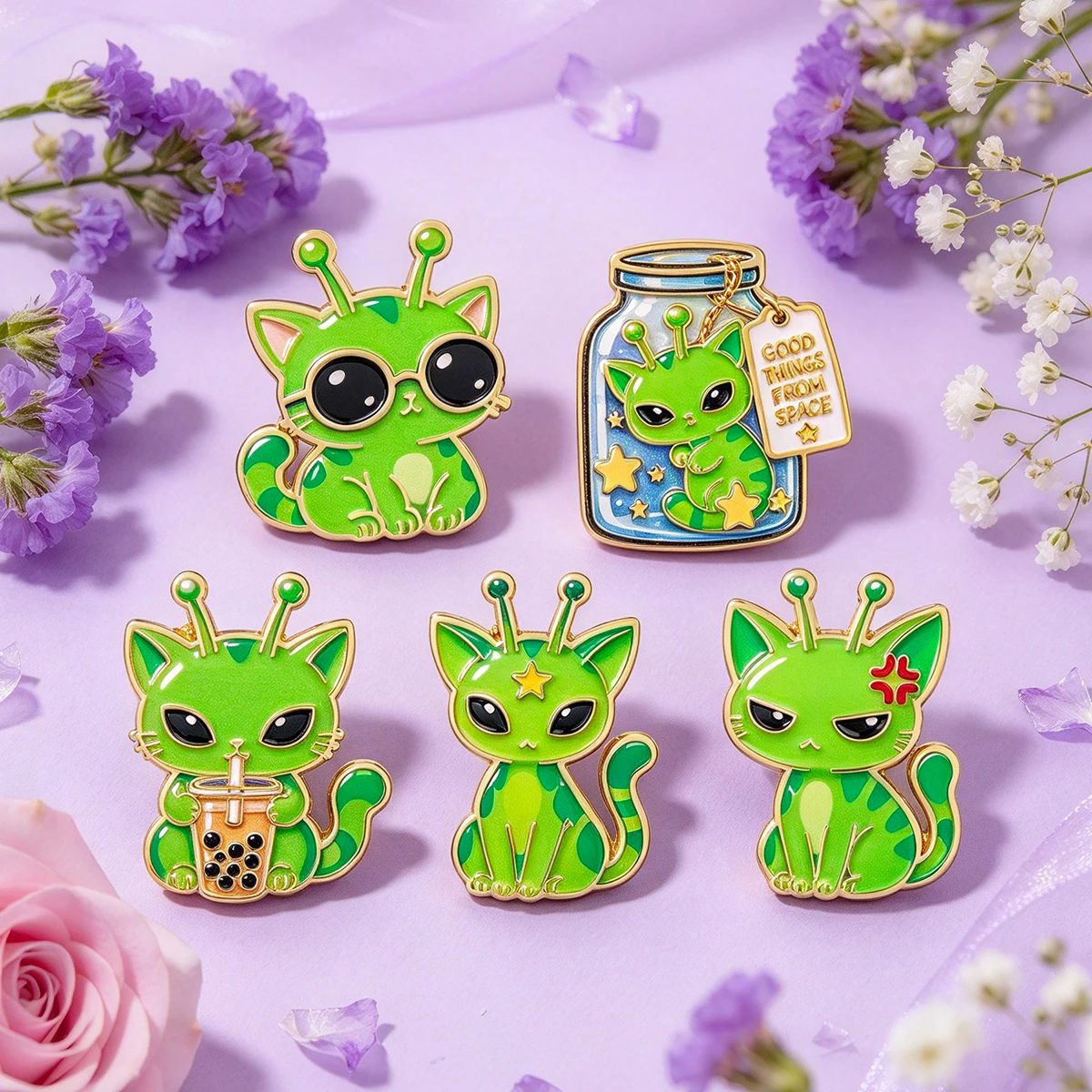 Broche de esmalte metálico, pin de solapa, adorable insignia de estrella con diseño de gato alienígena espacial y jarra de té de burbujas, accesorio para mochila, ropa, bolso, joyería, regalo.