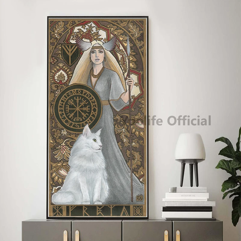 فريا المشارك أنثى المحارب آلهة قماش اللوحة Vegvisir الأيسلندية ستاف الفن طباعة فريجا امرأة جدار صورة ديكور غرفة المنزل #3
