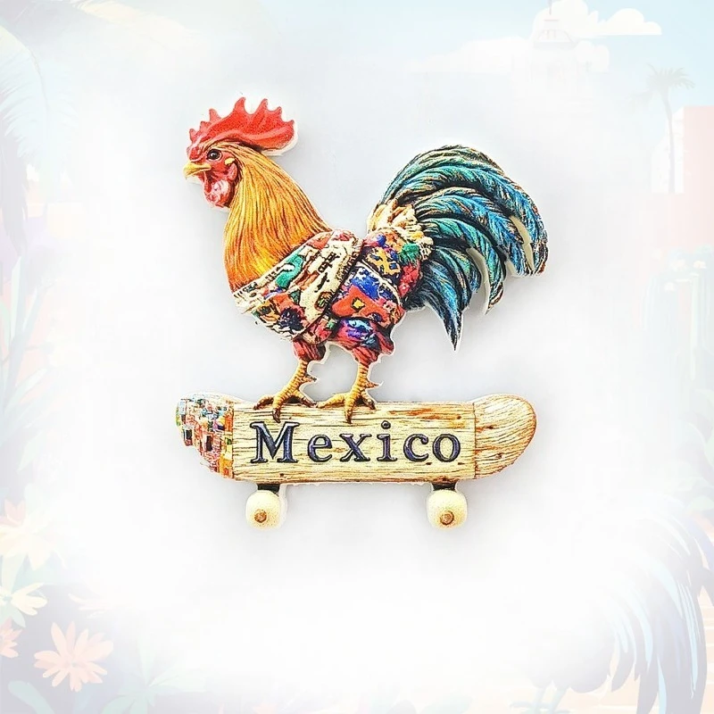 Mexico Skateboard Fridge Magnet - Whimsical 3D Rooster Souvenir Unique Street Art Gift for Travel & Eclectic Home Decor