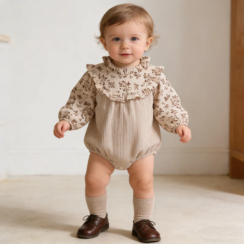 2026 New Spring 0-24M Baby Girl Clothing Toddler Baby Girl Romper Long Sleeved Printed Splicing Infant Baby Girls Jumpsuit