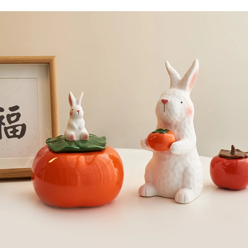 Rabbit and Persimmon Ceramic Statue Shape Storage Jar Desk Decoration Cute Cartoon Sculpture Porcelain Crafts