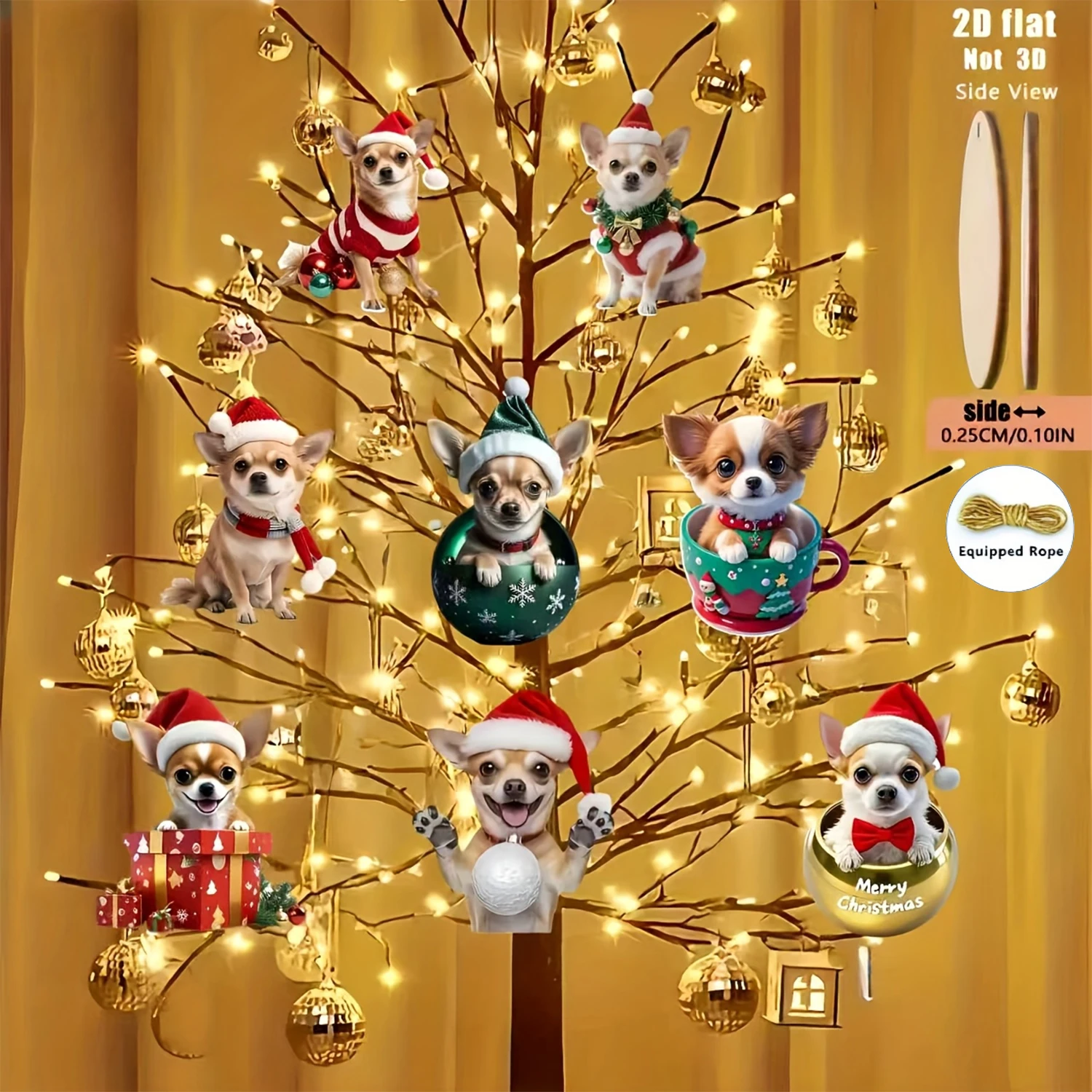 2D plan, 8 pieces of Christmas themed wooden jewelry with Chihuahua patterns, surprise gifts for holidays such as Christmas