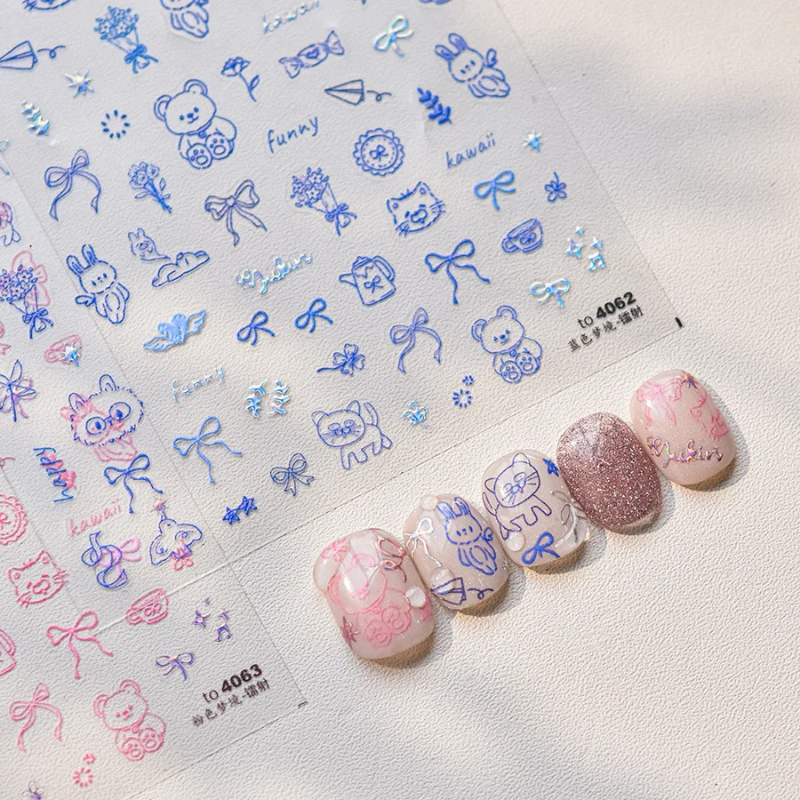 Cartoon Pink & Blue Little Bear Cat Nail Stickers 5D Nail Art Design Decoration Decals DIY Manicure High Quality