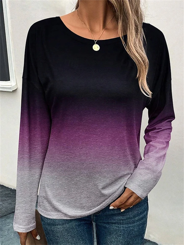 Women's New Fall 2026 Fashionable Long-Sleeve T-Shirt with Gradient Print A Simple Comfortable Top for Work and Commuting