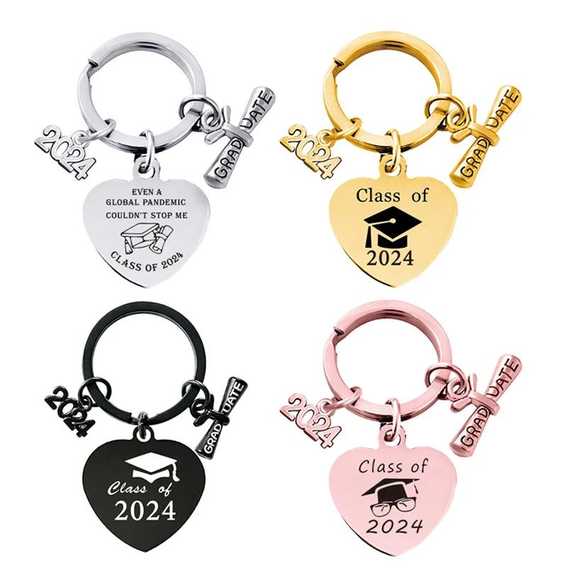 Keychain Pendant European And American Cross-Border Stainless Steel Heart-Shaped 2024 Graduation Season Gift Lettering Metal