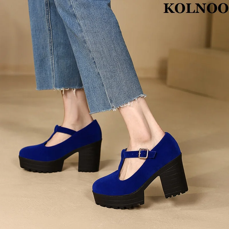 Kolnoo New Arrival Handmade Ladies Chunky Heels Pumps T-strap Faux Suede Summer Dress Shoes Evening Party Fashion Court Shoes