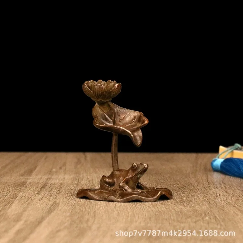 Brass alloy craft item: frog and lotus leaf backflow incense burner for home decoration