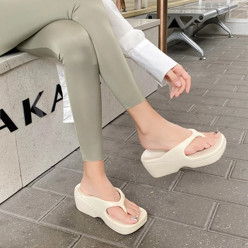 High Heels Women Shoes Sand Beach Laides Flip Flops Wedge Platform Outside Seaside Female Slides Thick-bottomed Ladies Slippers