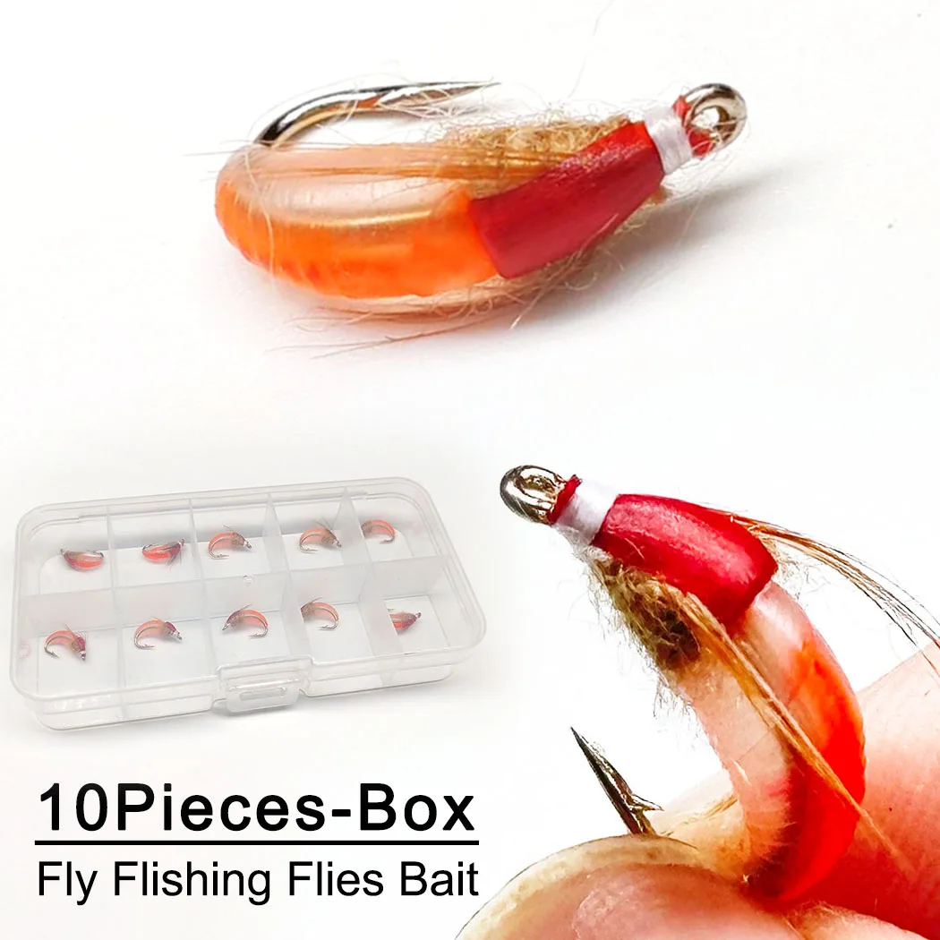 Fliegenfischen-Köder 10 Stück (mit Fliegenbox) Scud Nymph Red Bait Künstlicher Trockenköder für Forellen- und Barschangeln