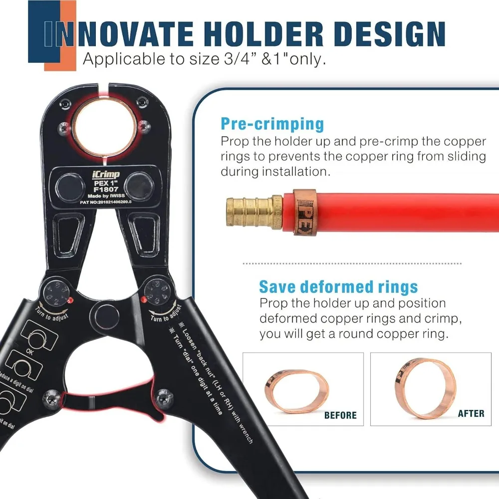 Copper Ring Crimping Tool Kit for 3/8,1/2,3/4,1-inch Pex Pipe with Free Removal Tool & Cutter & Gauge