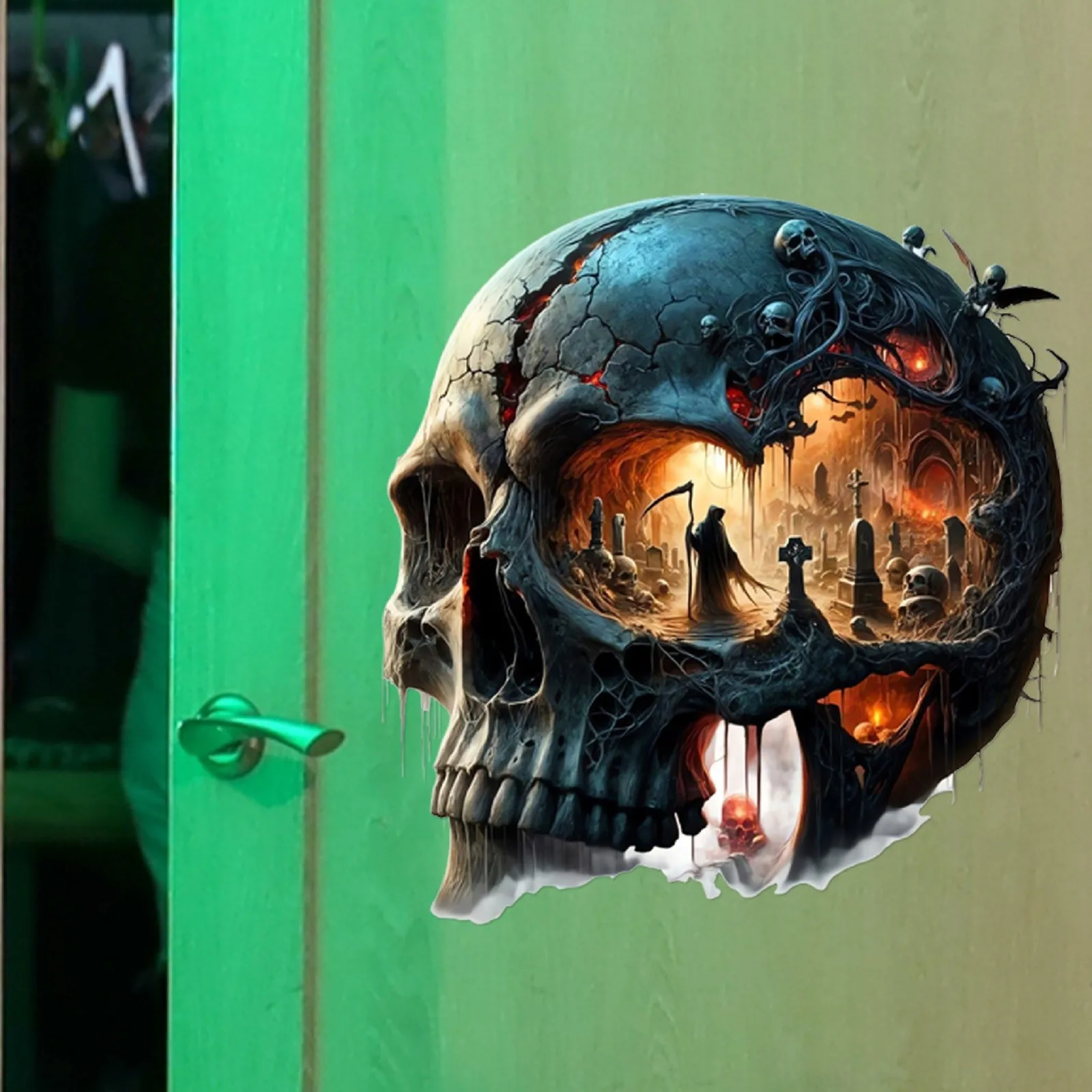 ฮาโลวีน 3D ผลสติกเกอร์ Dark สไตล์โกธิค Skull สติ๊กเกอร์ติดผนังสยองขวัญสุสานธีมตกแต่งบ้านสติกเกอร์