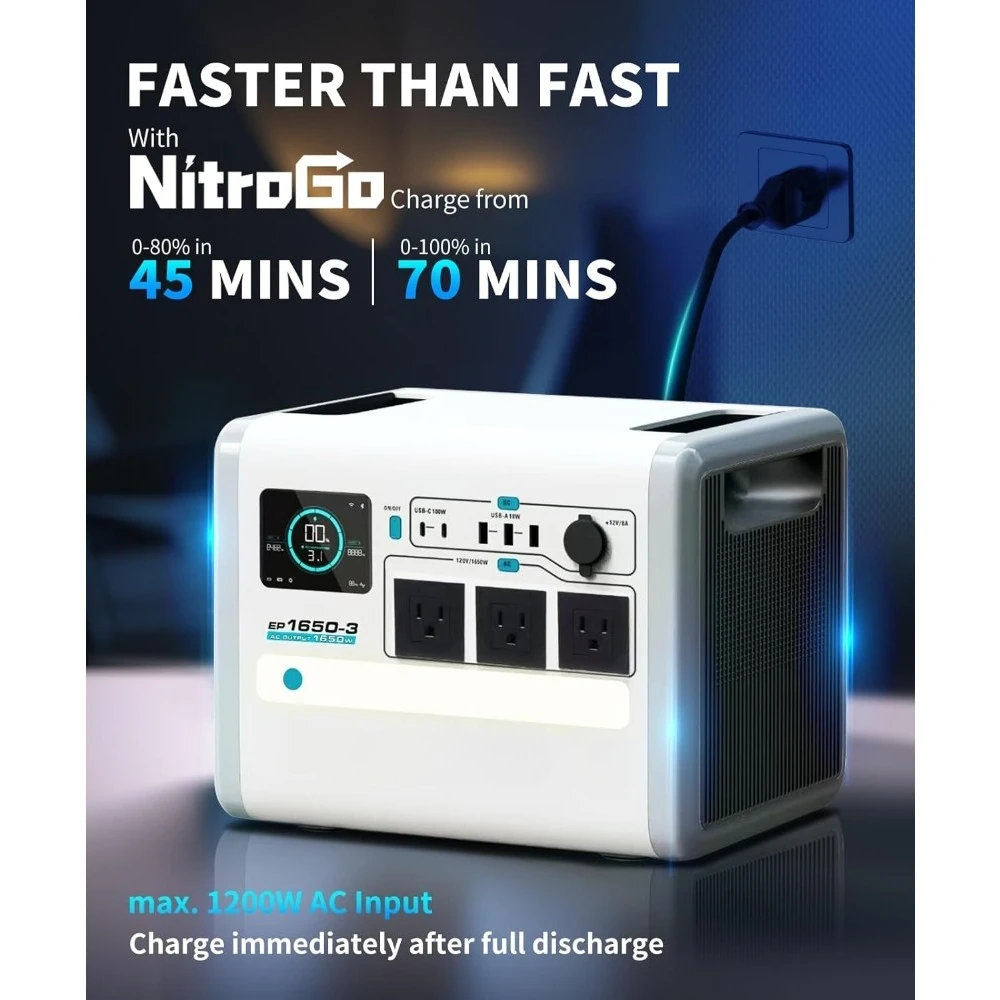 

Портативная электростанция, аккумулятор LiFePO4 EVE EP1650, 1024 Втч, резервный солнечный генератор, 120 В переменного/постоянного тока/USB, 1650 Вт (пиковая 2200 Вт), мобильный