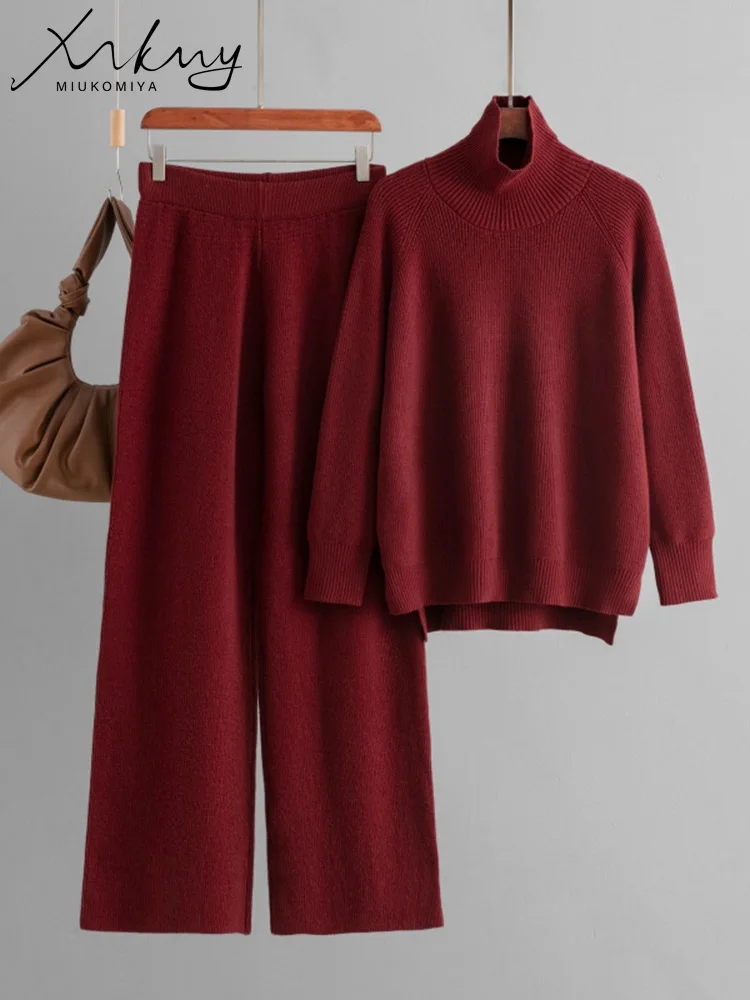 MiuKoMiYa Winter Turtleneck Burgundy Sweater Pant Sets For Women 2 Piece Casual Knitwear Spring Side Slit Sweater Suit For Women