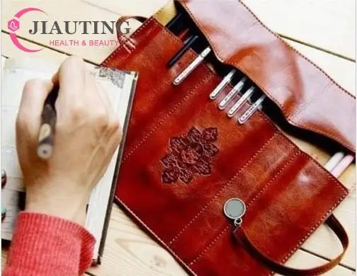 Portable Makeup Bags Makeup Brushes Bag Pencil Case Pouch Holder Wrap Roll Stationery Brown Leather For Beauty Women Girls