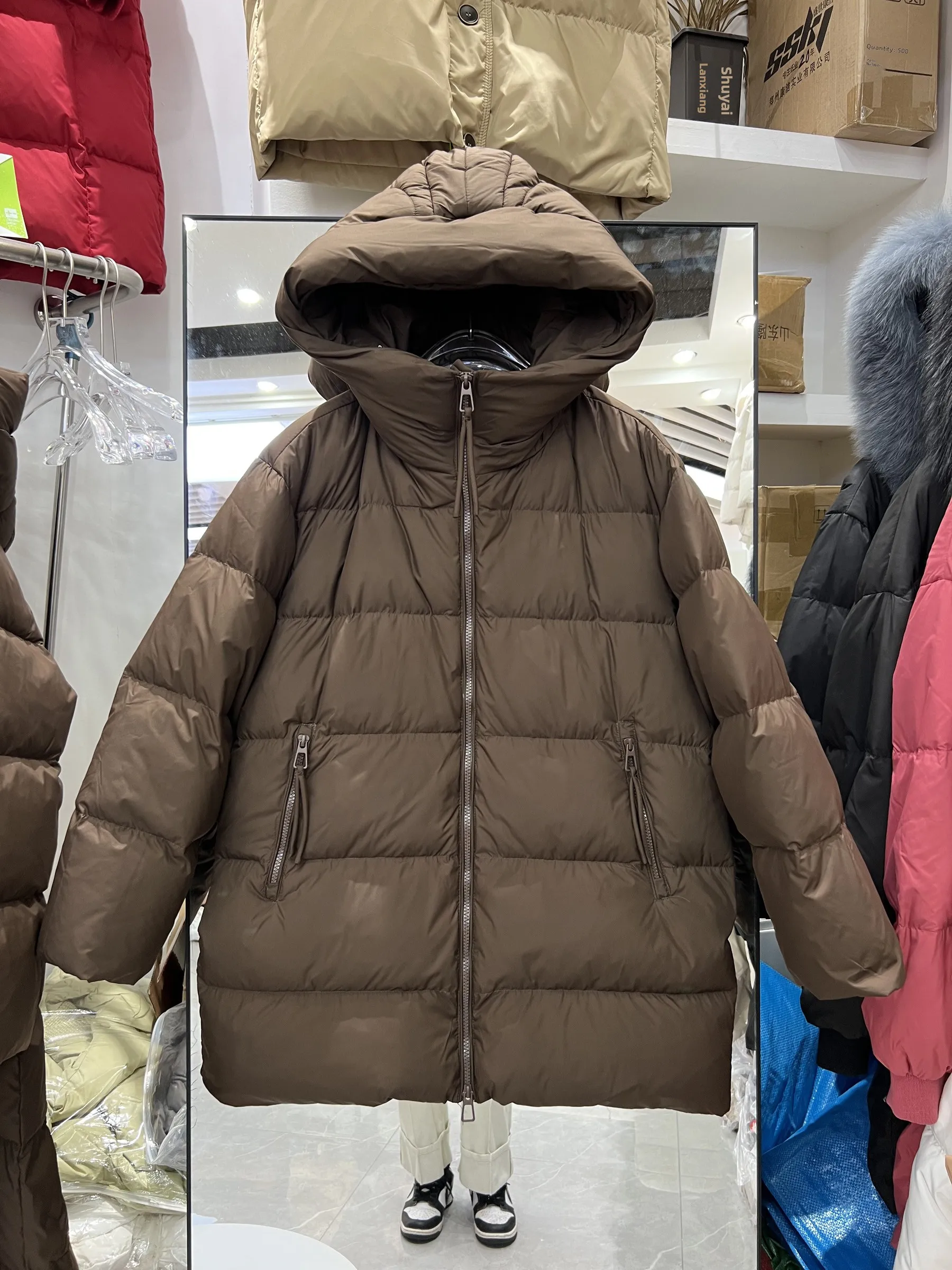 2025年新作 レディース ミドル丈 ダウンジャケット フード付き カジュアル シンプル ホワイト ダウン アウター トレンド