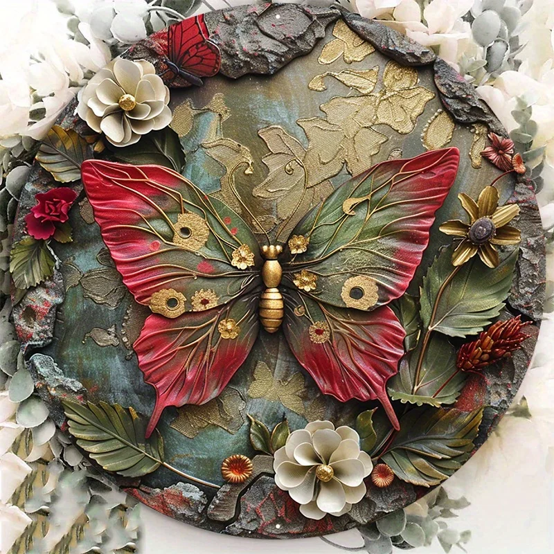 

Aluminum Circular Metal Sign Plaque, A Dimensional Paper Flower, Butterfly on Stone Wall Art, Home Decor, 8x8in, 1Pc