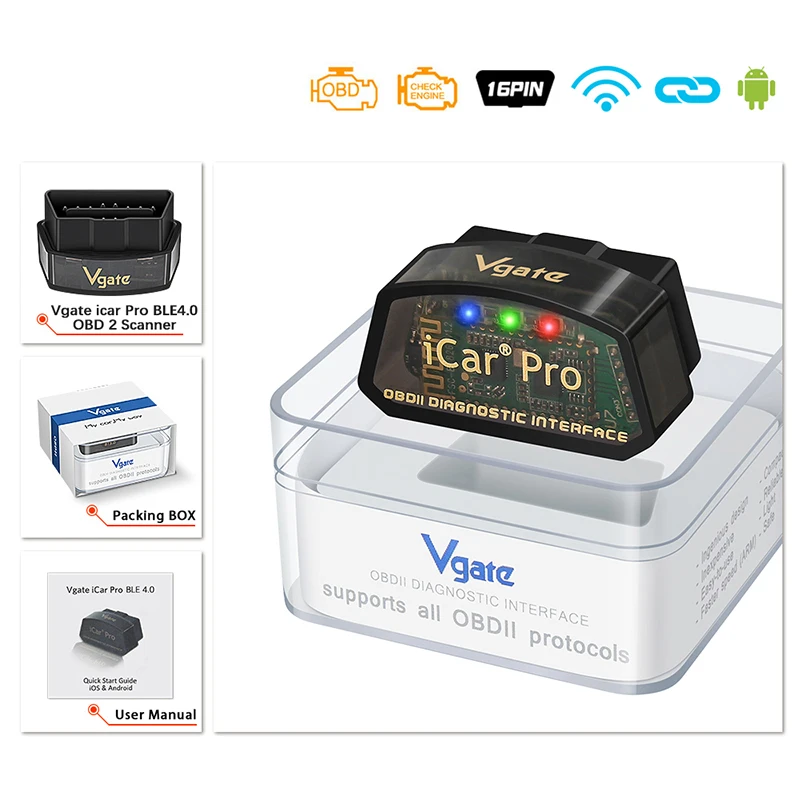 Vgate-iCar Pro OBD2 Scanner, Ferramenta de Diagnóstico Automático, Bluetooth 4.0, Compatível 4.0, Android, IOS, PK, ICAR2, ELM 327, V1.5