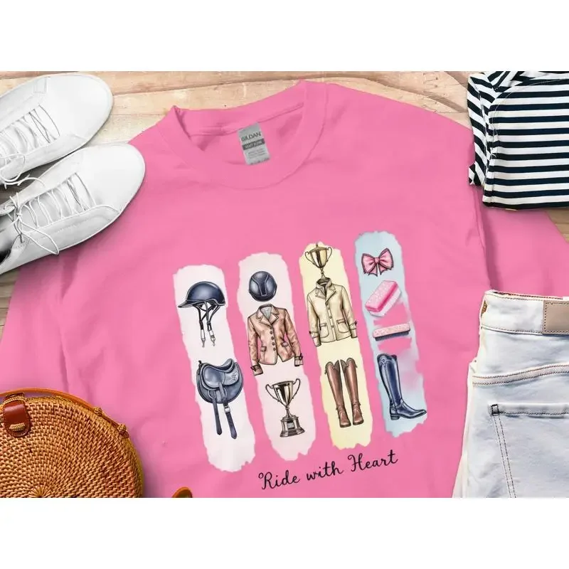 Ride with Heart Equestrian Art T Shirt Cute Horse Riding Trendy Brushstroke Design Love Apparel Coquette Bow
