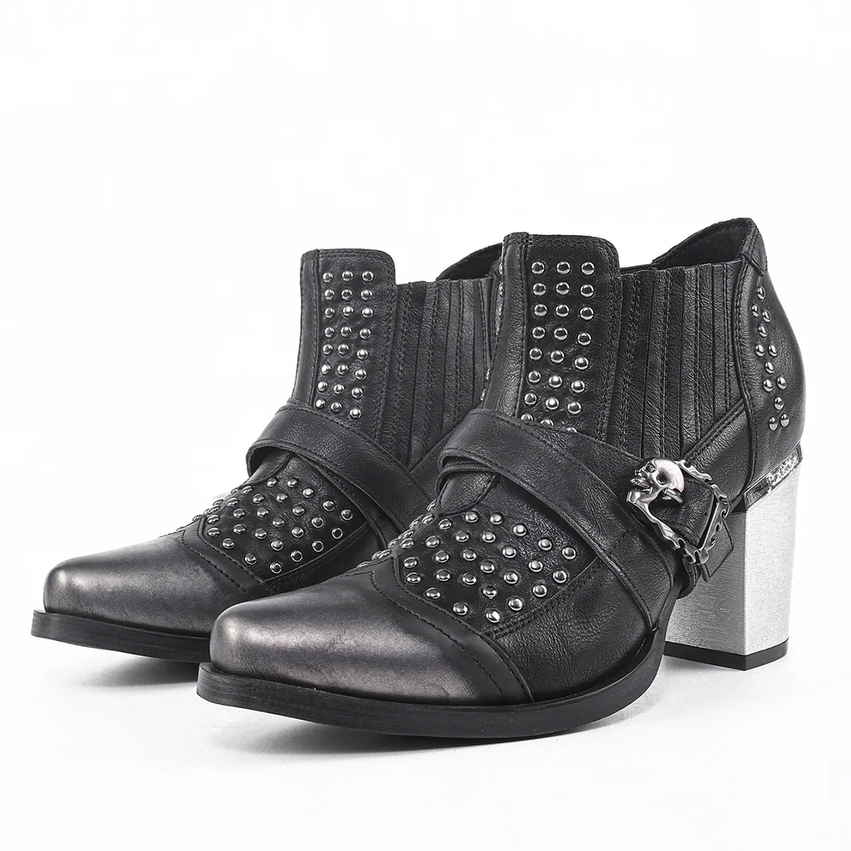 

High Heels Unisex Short Boots for Women with Polished Rivets Chunky High Heels Trendy Small Square Toe leather shoes