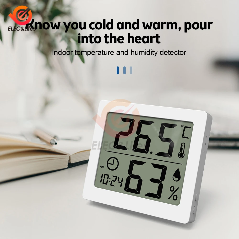 Termômetro multifuncional higrômetro eletrônico automático monitor de umidade temperatura relógio grande tela lcd ℃ / ℉   Com bateria