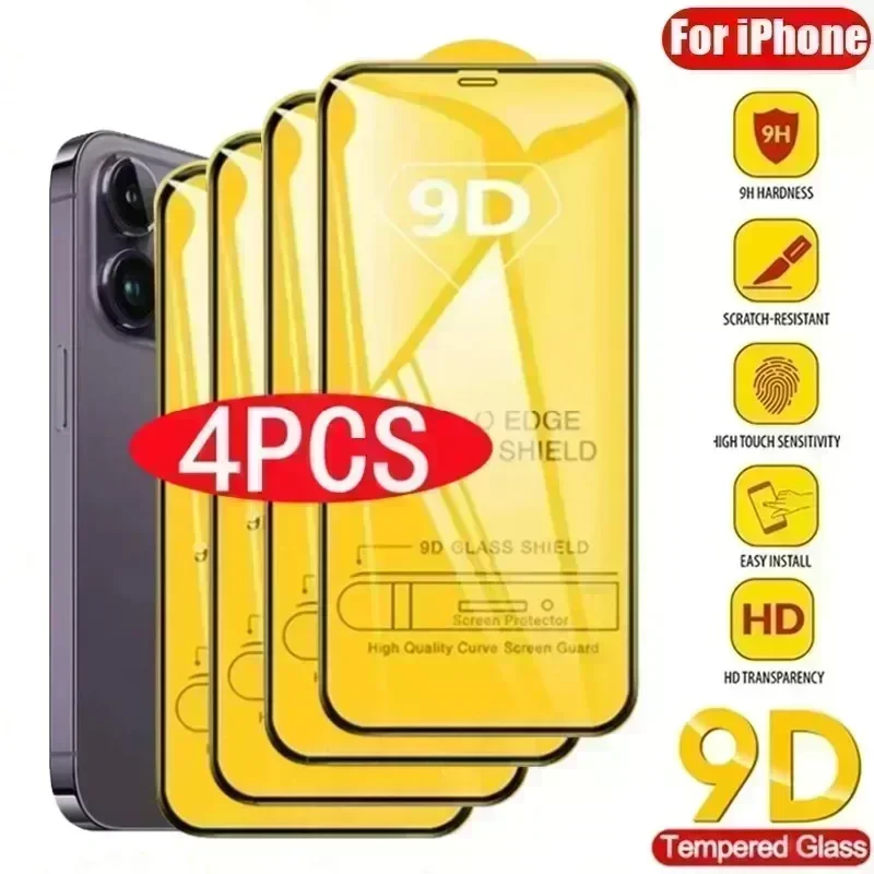 4PCS 9D Screen Protector Tempered Glass for IPhone 15 14 13 12 11 Pro Max Protective Glass for IPhone X XR XS Max 7 8 6S 14 Plus