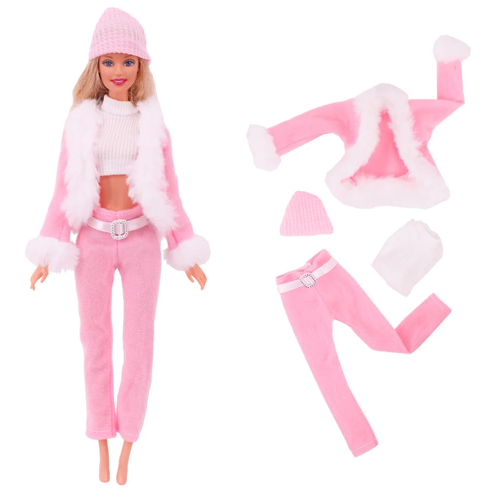 4 Pcs/Set Fur Vest Coat + Dress/Casual Outfit for Barbies 11.8 inch Doll Clothes Accessories Plush Jacket Celebrity,Child\'s Gift