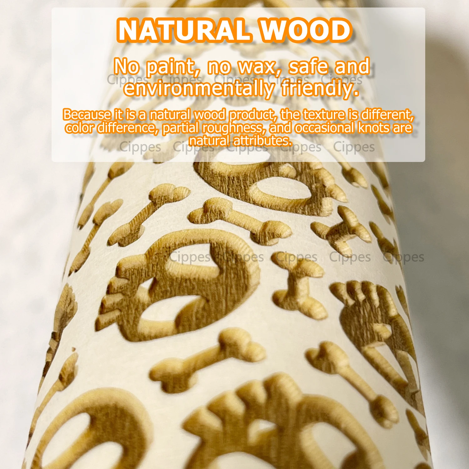 Halloween Rolling Pin with Pumpkin Skull Ghost, Wooden Embossed 3D Cookie Mold Laser Engraved DIY Baking Tools Dough Roller