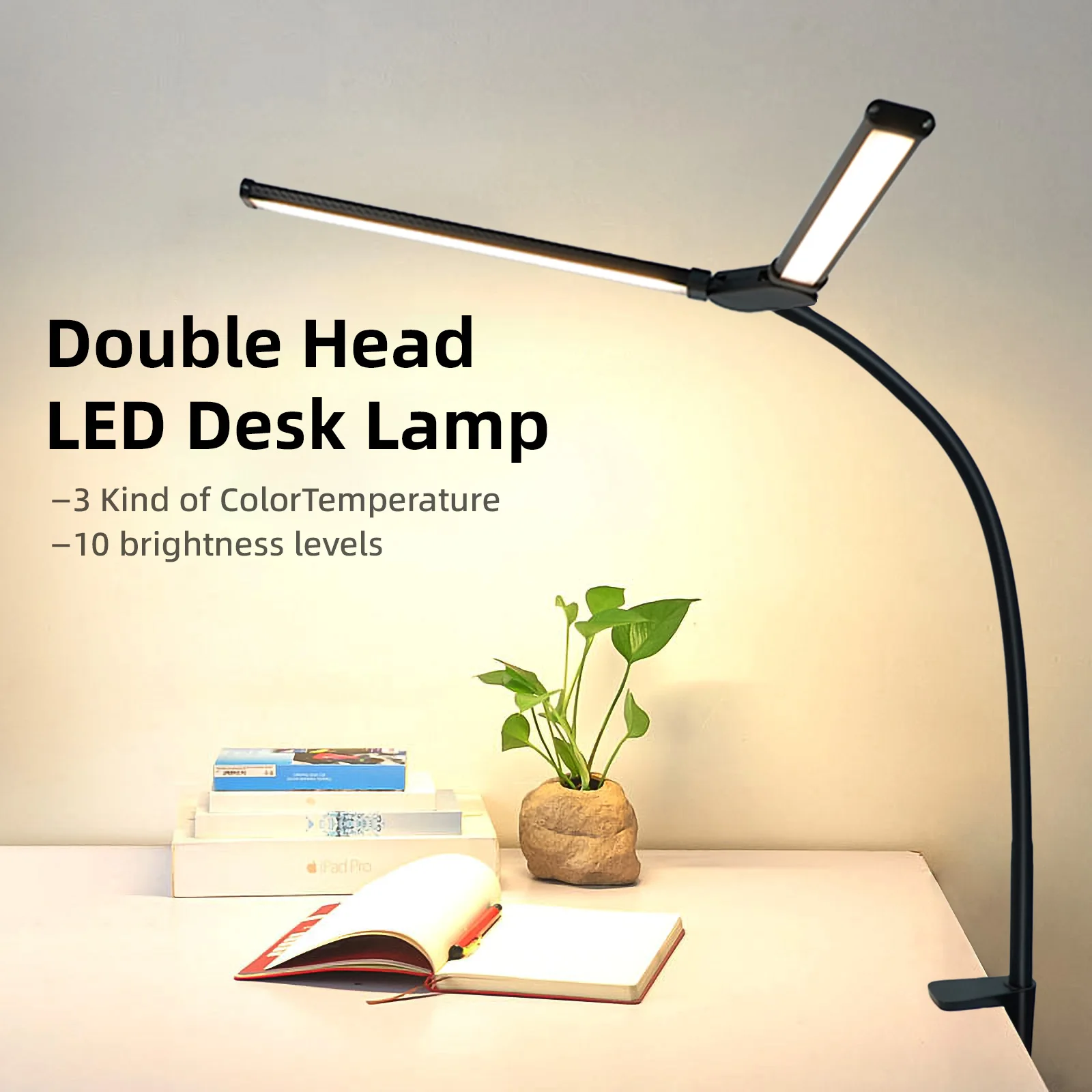 Imagem -02 - Cabeça Dupla Led Clipe Desk Lamp Controle Remoto Eye-caring Usb Abajur para Computador Casa e Escritório Iluminação Regulável Cores