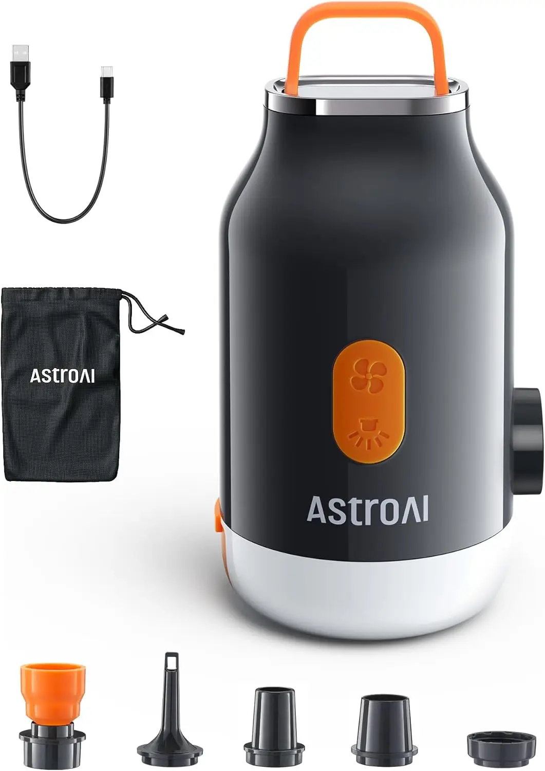

Portable Air Pump with 3000mAh Battery, Camping Lantern & 5 Nozzles for Inflatables, Mattresses & Storage Bags