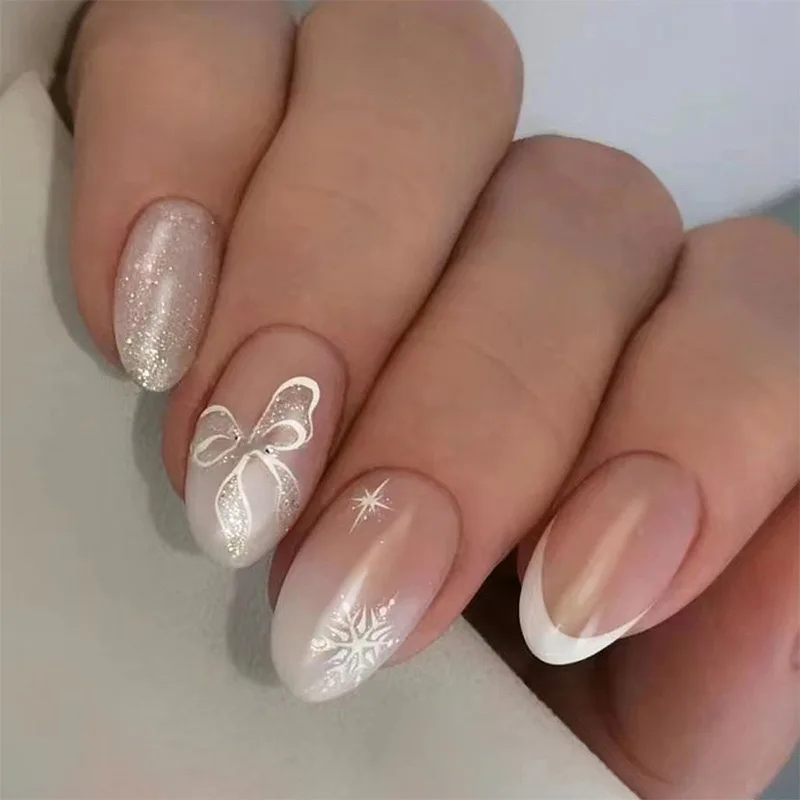 24Pcs Purple Flower Stiletto Round Head Press on Nails False Nails Almond Fake Nails French Wearable Full Cover Nail Tips