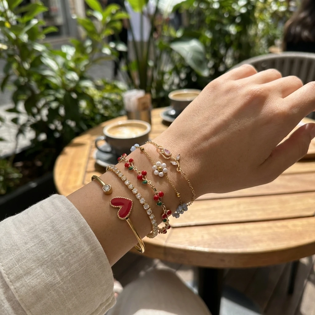 Stainless Steel Red Heart Cuff Bangle Cherry Flower Tulip Bracelet Set for Women Dainty Chain Multi Layer Wrist Jewelry Gift