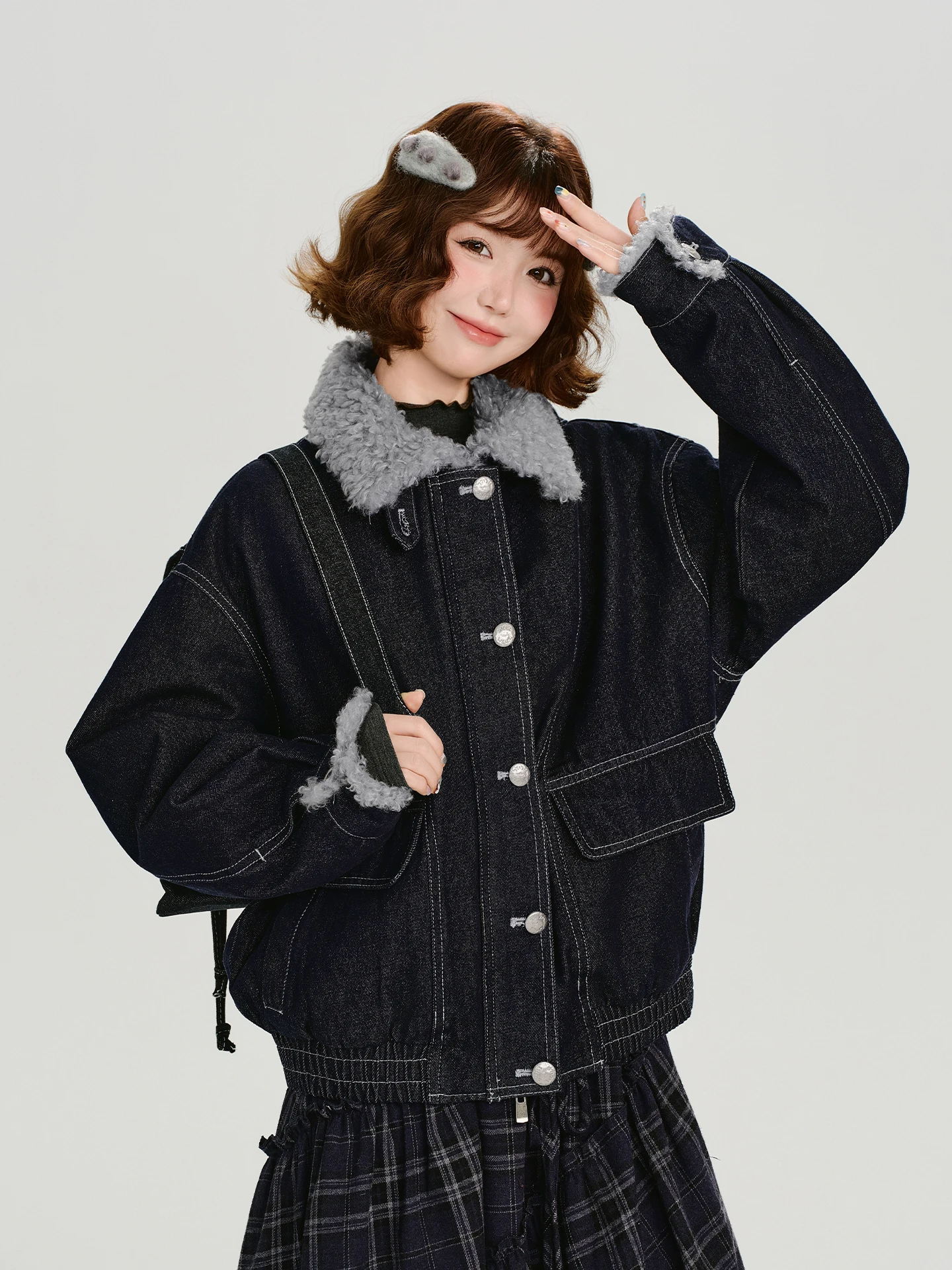 

Girly American Retro Sle Women's Denim Jaet Loose Fit Workwear Coat Casual Long Sve Cotton Outerwear