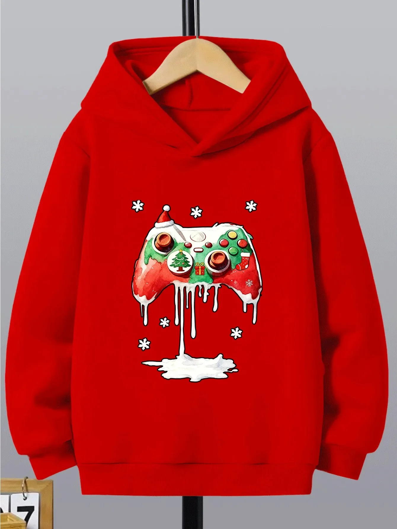 Christmas Game Controller Kids Hoodie Snowflake Santa Hat Chest Print Autumn Winter Fleece Warm Casual Hooded Sweatshirt